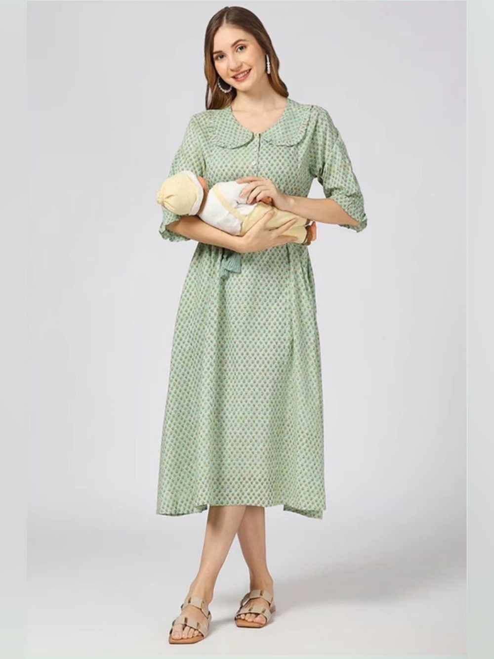 Light Green Printed Midi Dress with Peter Pan Collar